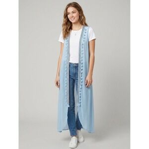 Boho Sheer Light Blue Tassel Trim Open Front Maxi Vest Duster Sleeveless Layer